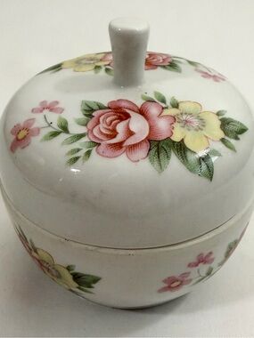 Vintage Porcelain Floral Trinket Box Lidded Sugar Bowl - Pink & Yellow Roses